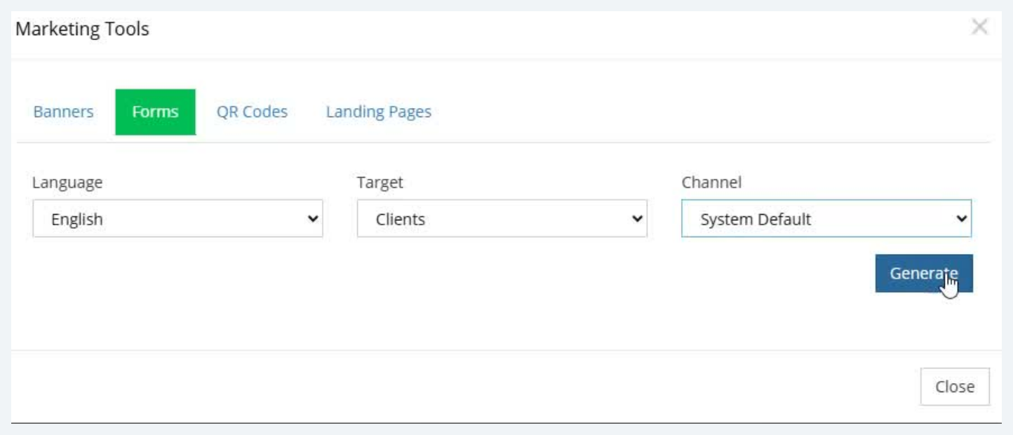 Marketing Tools modal Forms tab with Language English, Target Clients, Channel System Default, and Generate button
